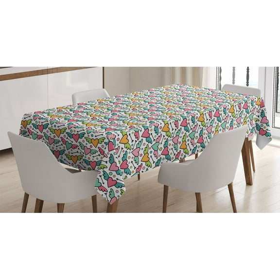 Cartoon Tablecloth, Colorful Hearts with Wings and Polka Dots, Rectangle Satin Table Cover Accent for Dining Room and Kitchen, 60" X 90", Multicolor, by Ambesonne