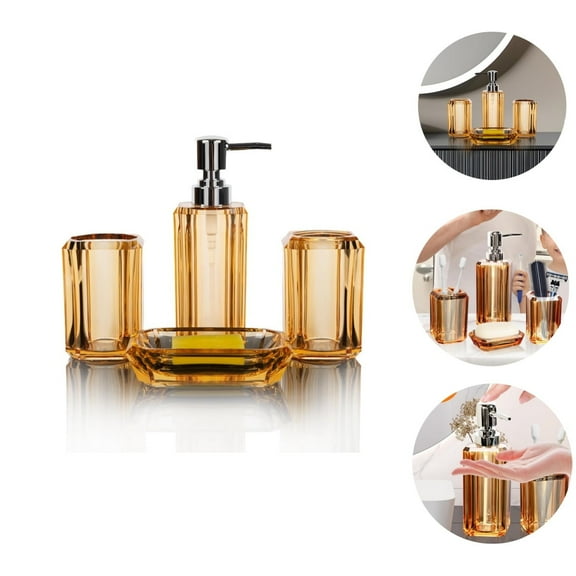 Reusable Bathroom Set,Portable Lotion Can Bathroom Suit for Home,Durable Soap Dispenser and Toothbrush Holder Set for Home,Champagne Gold
