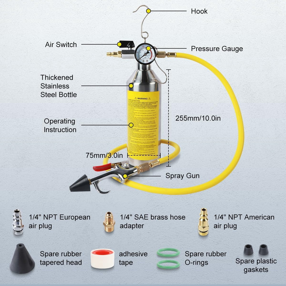DUOYI AC Flush Kit, Thickened Stainless Steel Canister, Automotive Home HVAC Flush Tool for R134A R12 R22 R404 R410A