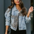 thumbnail image 4 of Floleo Clearance Fall Clothes For Women Ladies Leopard Print Patchwork Jean Jacket With Long Sleeves Blue, 4 of 9