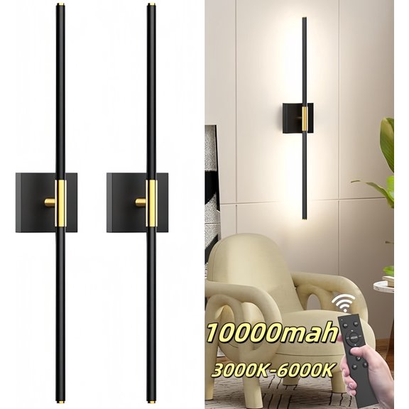 28 Inch Battery Operated Wall Sconce Set of Two, 10000mAh USB Rechargeable Wall Sconce with Remote Control, 360°Rotate Dimmable 3000K-6000K LED Wall Lights for Living Room, Hallway, Bedroom, (2 Pack)
