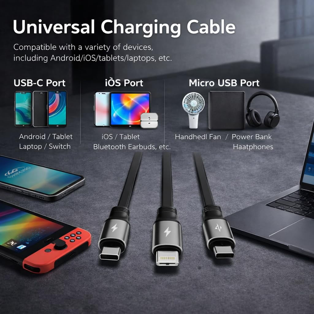 RGHJAR-Multi USB C Charging Cable 3 in 1 Fast Charger Cord 3A Retractable Cable Coiled 100W 3.3ft Multi Charger USB with Type C/L/Micro USB Ports for Cellphones,Android,iOS,Tablets,Laptop,All Devices