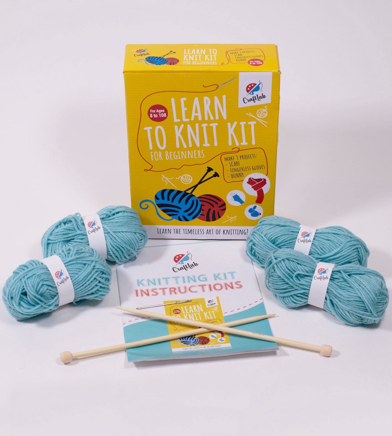 CraftLab Knitting Kit for Beginners, Kids Adults Seniors Includes All Knitting Supplies: Wool Yarn, Knitting Needles, Yarn Needle and Instructions – Fantastic DIY Gift Learn to Knit Arts & Crafts Kit