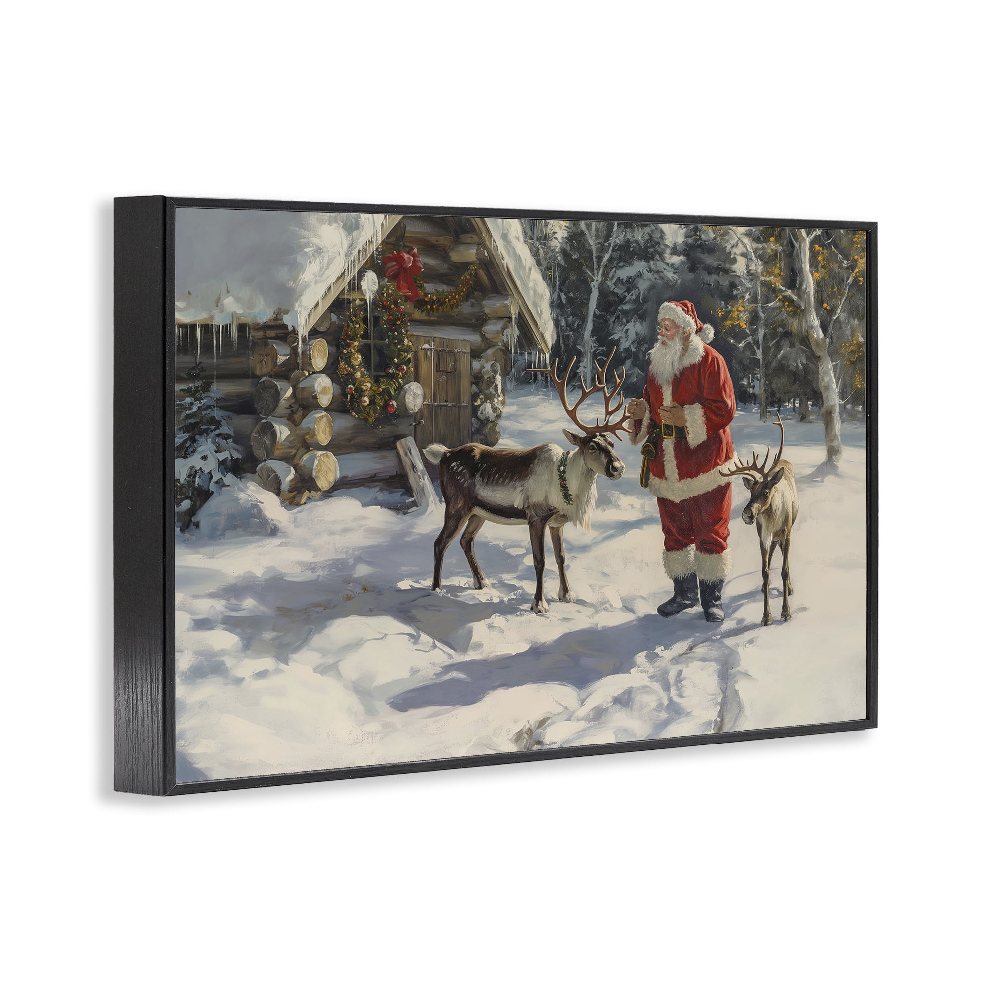 Stupell Industries Santa & Reindeer Scene Holiday Painting Black Framed Art Prints Wall Art, 18 x 12
