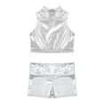 thumbnail image 4 of Sinleey Kids Girls 2 Piece Dance Outfits Shiny Mock Neck Crop Top with Shorts Gymnastics Tracksuit Silver 6, 4 of 5