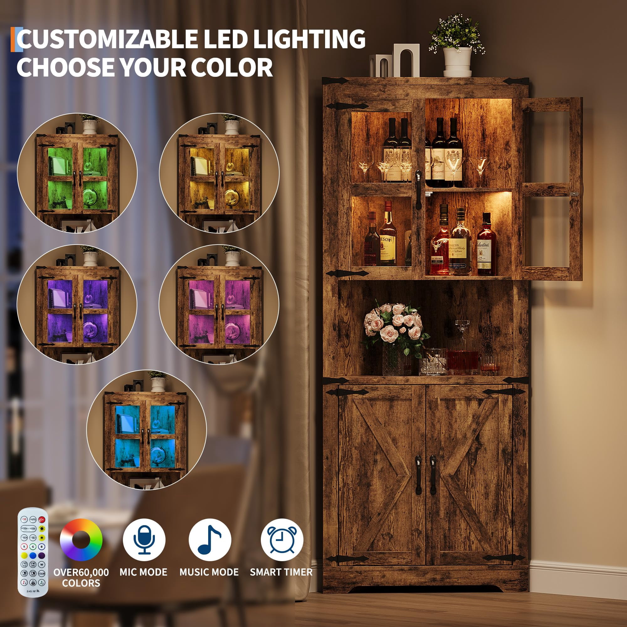 Corner Storage Cabinet with Glass Doors, Double-Door Corner Cabinet, Corner Cabinet with Shelves, Corner Cabinet with Light Strips-Retro color