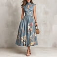 thumbnail image 2 of KLHDSF Elegant Dresses For Women Sleeveless Floral Print High Waist Flared Midi Summer Dress Light Blue S, 2 of 5