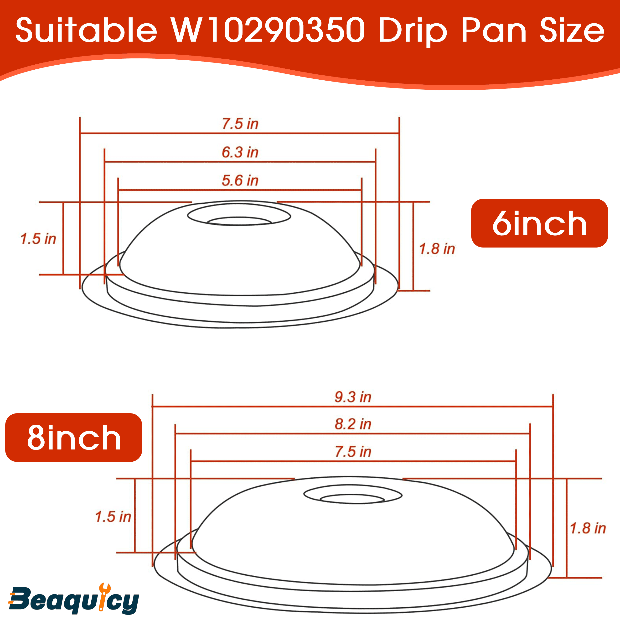 Beaquicy Porcelain Drip Pan Replacement for Electric Stove Burner W10290350 8-inch & W10290353 6-inch