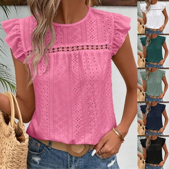 Trendfront Womens Summer Crew Neck Short Sleeve Tops Casual Sweet Lace Ruffle Sleeve Tees Solid Color Plain Fashion Apparel T-Shirts