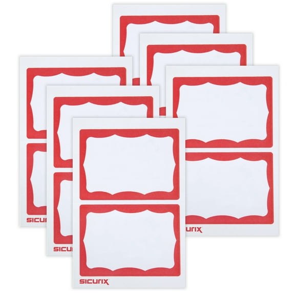 SICURIX Adhesive Badges, Red Border, 100 Per Pack, 6 Packs