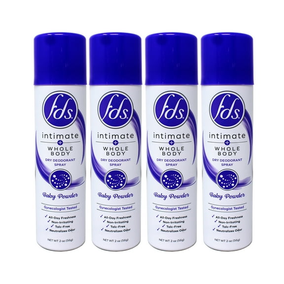 FDS Intimate   Whole Body Dry Deodorant Spray, Baby Powder, 2 OZ - 4 Pack