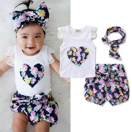 Cute Toddler Kids Clothes Newborn Baby Girls Floral Lace Vest Tank Tops + Bottom Shorts Pants+headbands Outfit 3Pcs/set