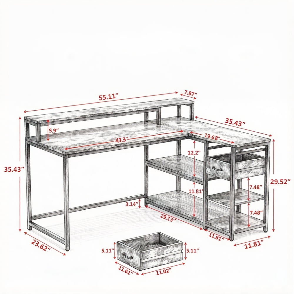 L-Shaped Corner Desk with Shelves & Drawers, Monitor Riser Workstation, E1 Particle Board Metal Frame Computer Desk for Home Office Gaming