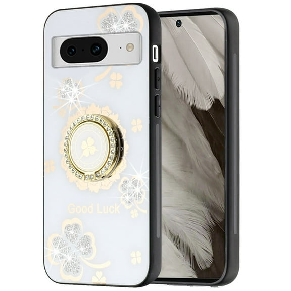 For Google Pixel 8 Pro 5G Diamond 3D Bling Sparkly Glitter Ornaments Engraving Hybrid Fashion Ring Stand Cover ,Xpm Phone Case [ White Good Luck Floral ]