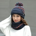 thumbnail image 3 of HESHENG Winter Knitted Beanie Hat Women Face Cover Scarf 3 in 1 Thick Warm Knit Cap with Pompom Cap Set, Navy Blue, 3 of 4