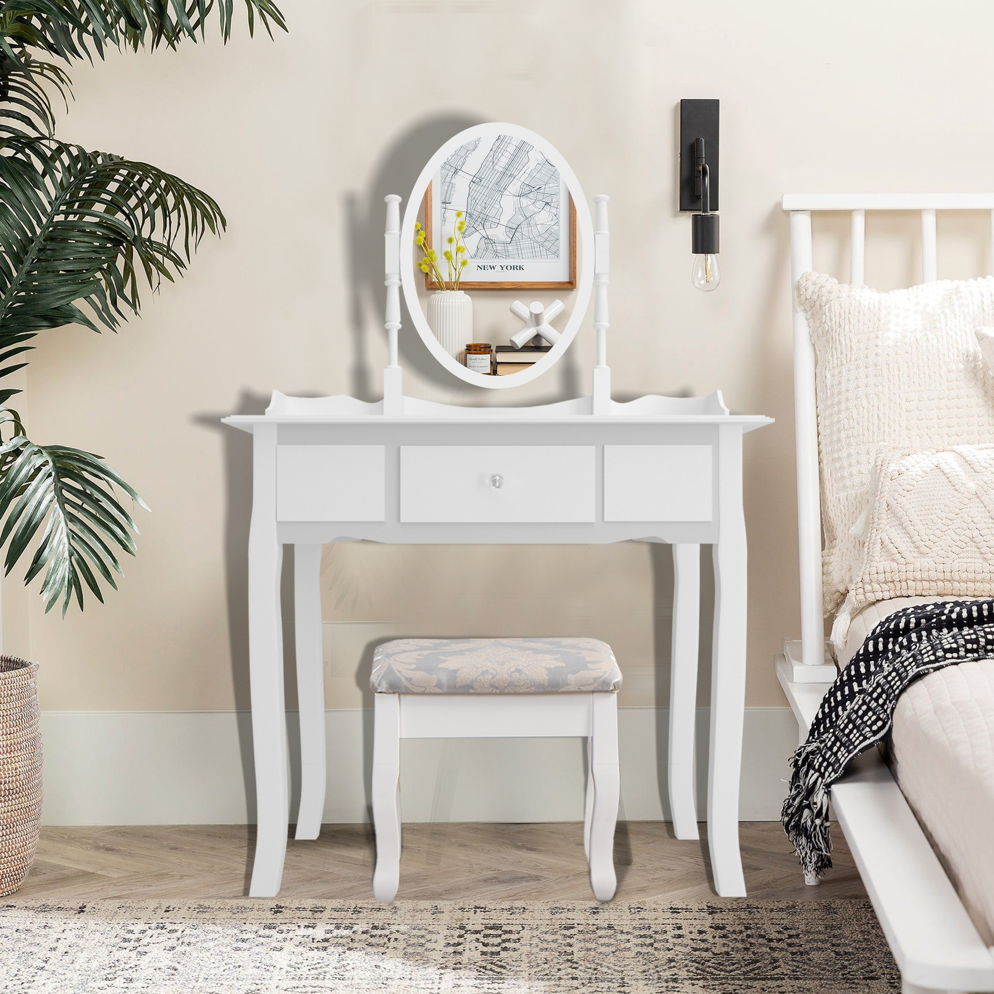 Ufurpie Girls Vanity Table Set with Mirror&1 Drawer,Makeup Vanity Desk with Stool,Small Wood