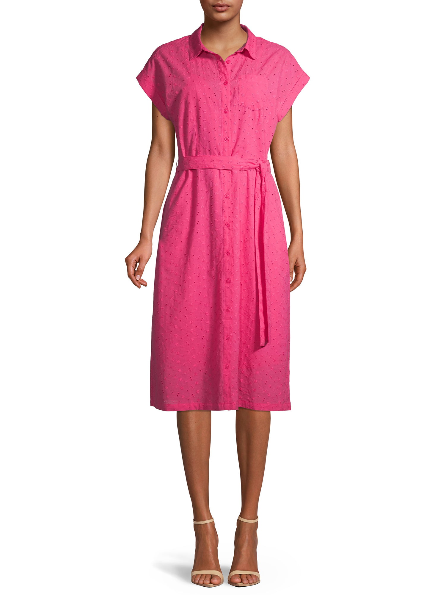 Time and Tru Women's Eyelet Belted Midi Shirt Dress - Walmart.com