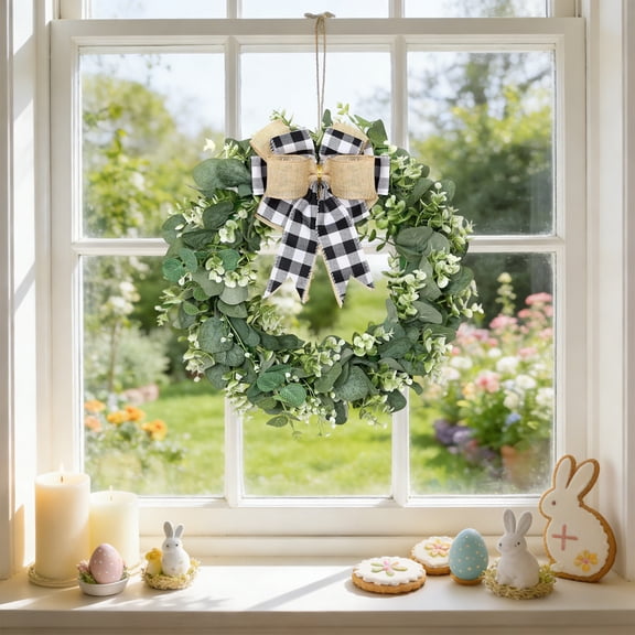 14" Artificial Eucalyptus Wreath with Plaid Bow | Spring Summer Green Leaf Wreath for Front Door Window Porch Farmhouse Decor Festival Celebration Home Decor