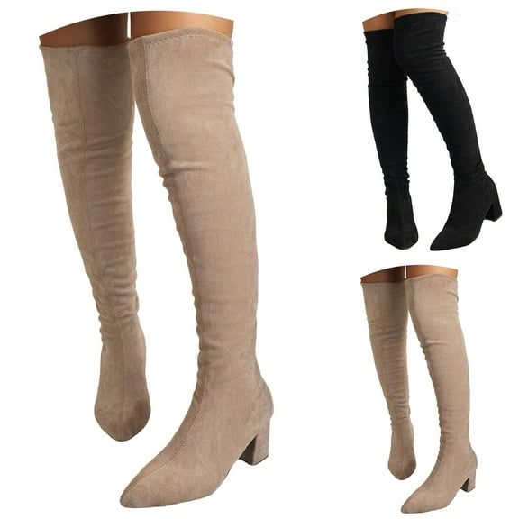 Pandaie Women's Over The Knee High Boots Suede Thigh High Boot Pointed Toe Stretch Chunky Heel Winter Dress Shoes Beige 5.5