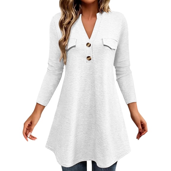 Qgtaibl Long Sleeve Henley Tunic Tops for Women Button V Neck Flared Hem Casual Swing Shirts Loose Fit Stretchy Extended Length Blouses White XL