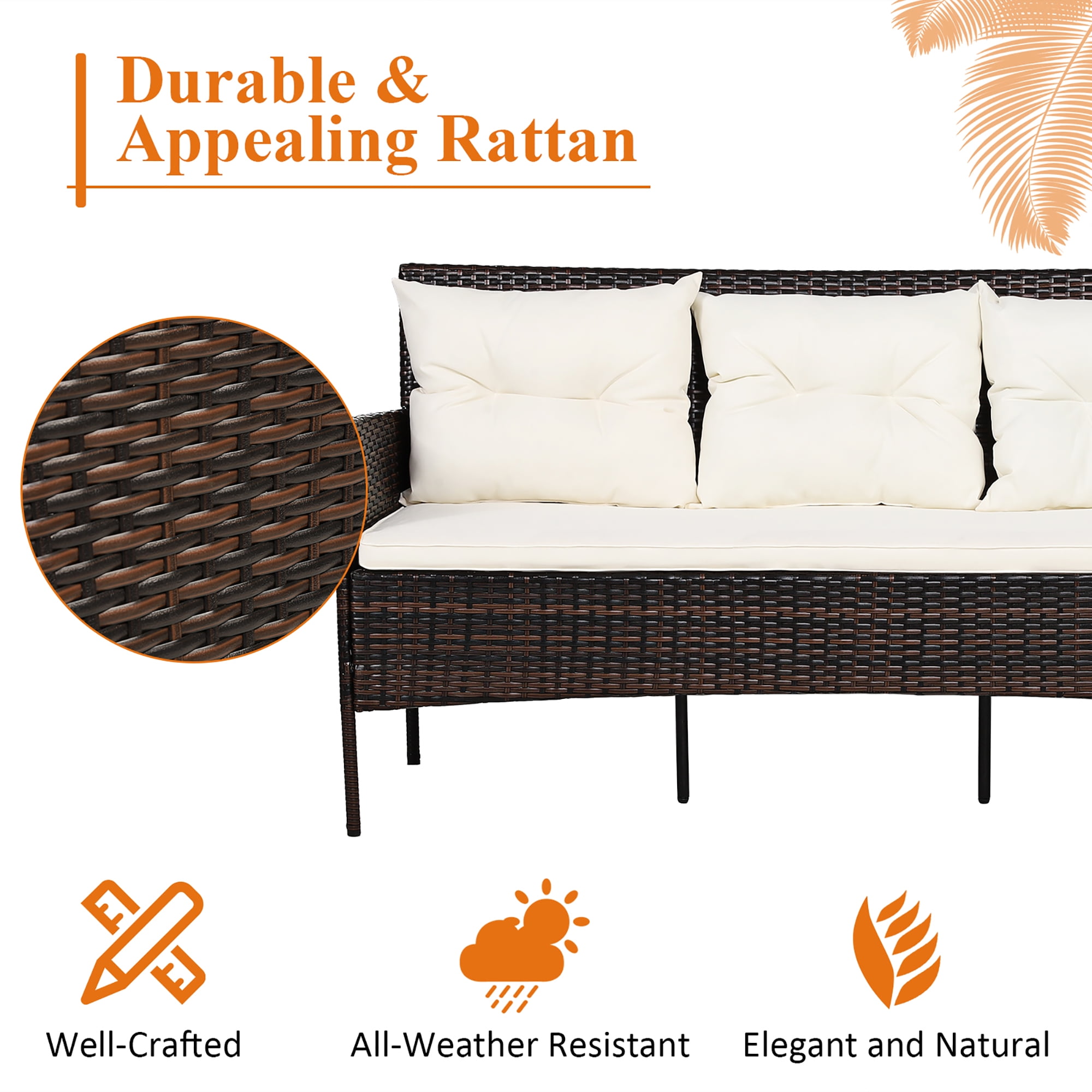 Costway 3PCS Patio Rattan Furniture Set 3-Seat Sofa Cushioned Table Garden
