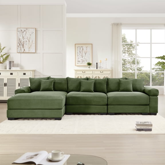 3-seater 130" Oversized Cloud Modular L-Shape Sectional Couch, Soft Corduroy Fabric with an Ottoman,Deep Seat Wide Armrest Ergonomic Design 9 Pillows Easy Assembly for Living Rooms bedroom (Green)