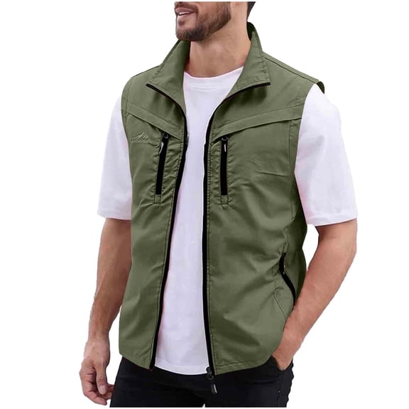 YUGYXL Travel Vest for Men with Zipper Pockets Mens Fishing Vests Loose Casual Full Zip Up Sleeveless Jacket Outdoor Workwear Army Green L
