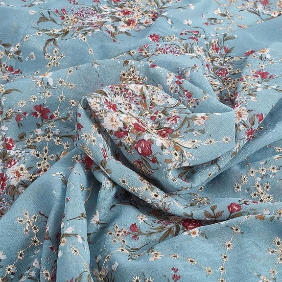 2Yards Embroidered Eyelets Chiffon Fabric 60inch Light Blue Flower Embroidery Fabric Floral Printing Trim