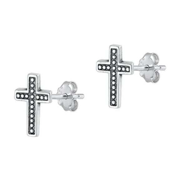 Oxidized Sterling Silver Cross Dot Design Religious Stud Earrings 925 New Jewelry Female Unisex