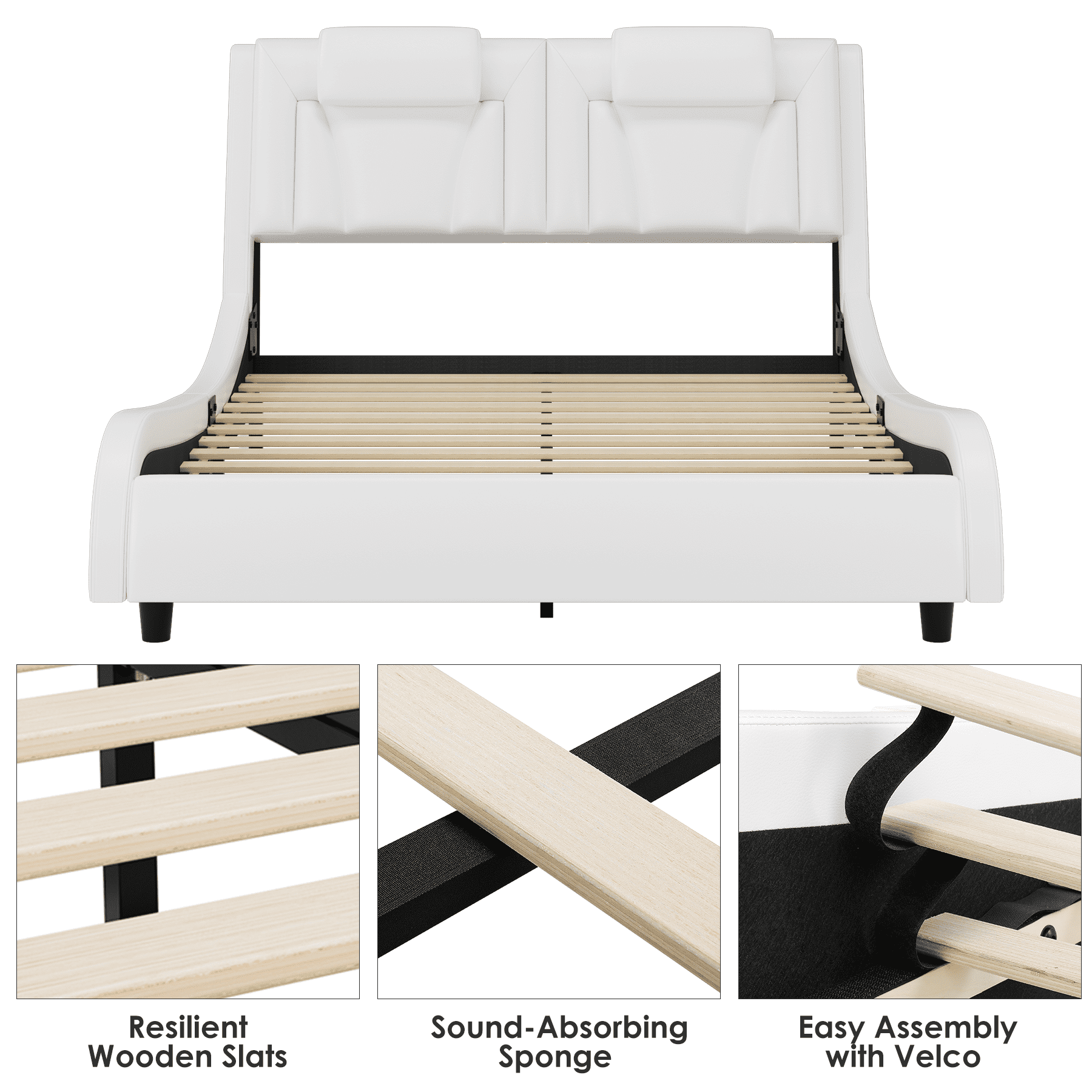 Homfa Queen Bed Frame with Adjustable LED Headboard, PU Leather Curved Upholstered Platform Bed Frame, White