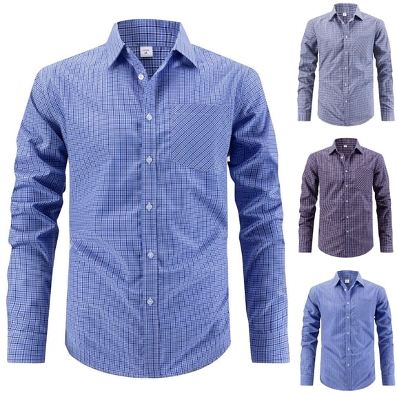 YFNNUP Men's Long Sleeve Button Down Shirt Slim Fit Plaid Shirts Business Casual Dress Shirts Blue L
