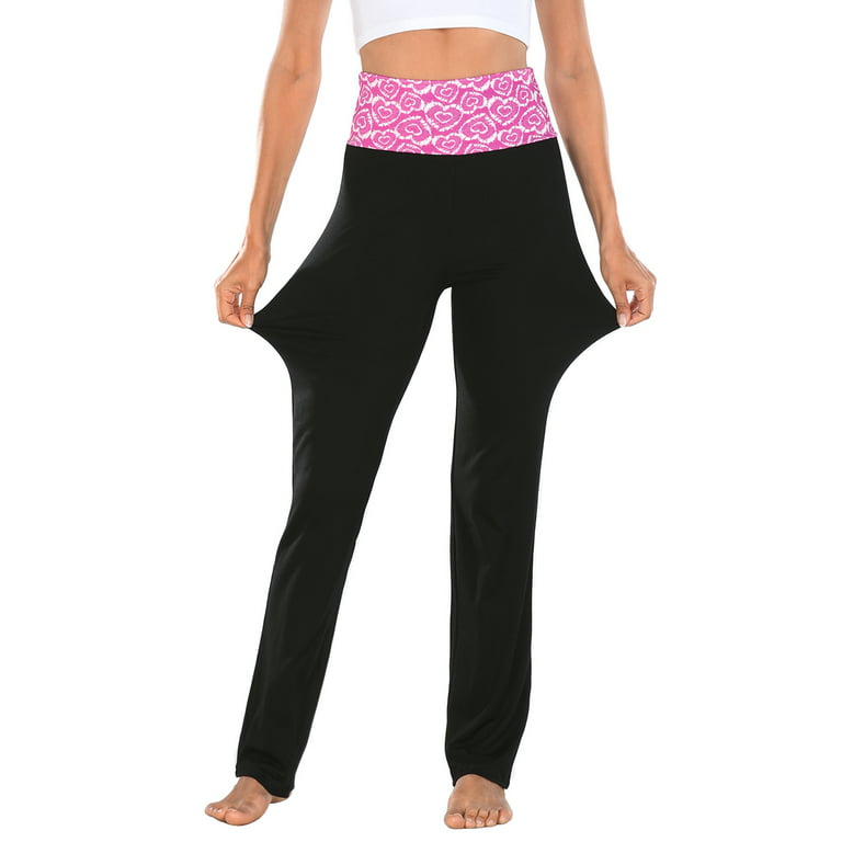 HDE Women's Color Block Fold Over Waist Yoga Pants Flare Leg Workout  Leggings Pink Heart Tie Dye / Black 1X