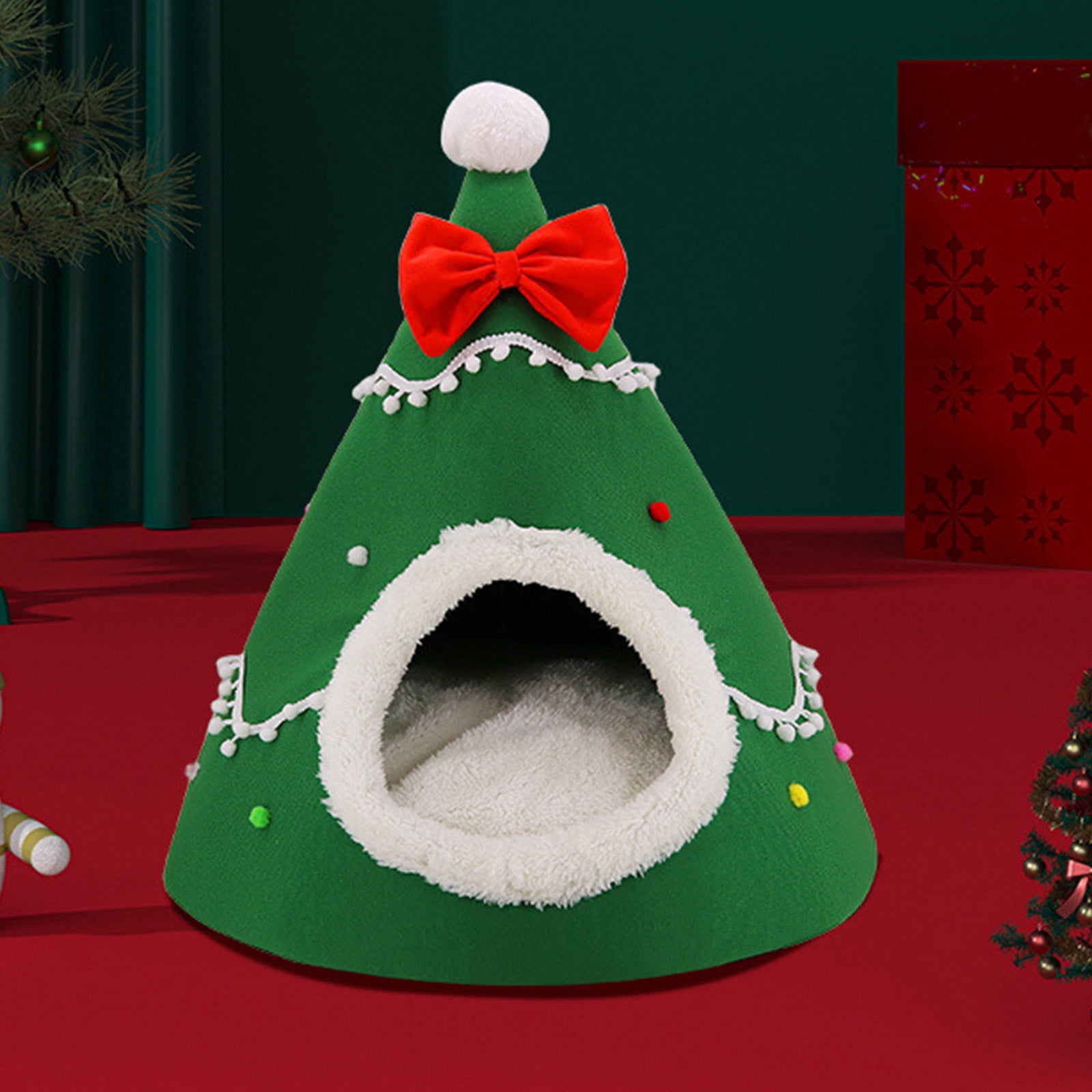 Nebwoak Soft Nest for Dog and Cat Christmas Candy Pet Bed Pet Villa Kitty Bed Dog Bed Winter Warm Cats Bed Yurt Pet Houses Pet Tent House