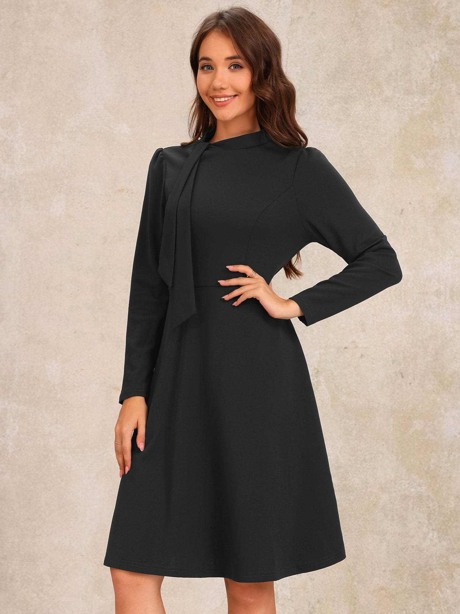 DARING DIVA Collar Tie Mock Neck a Line Elegant Midi Dress M Black
