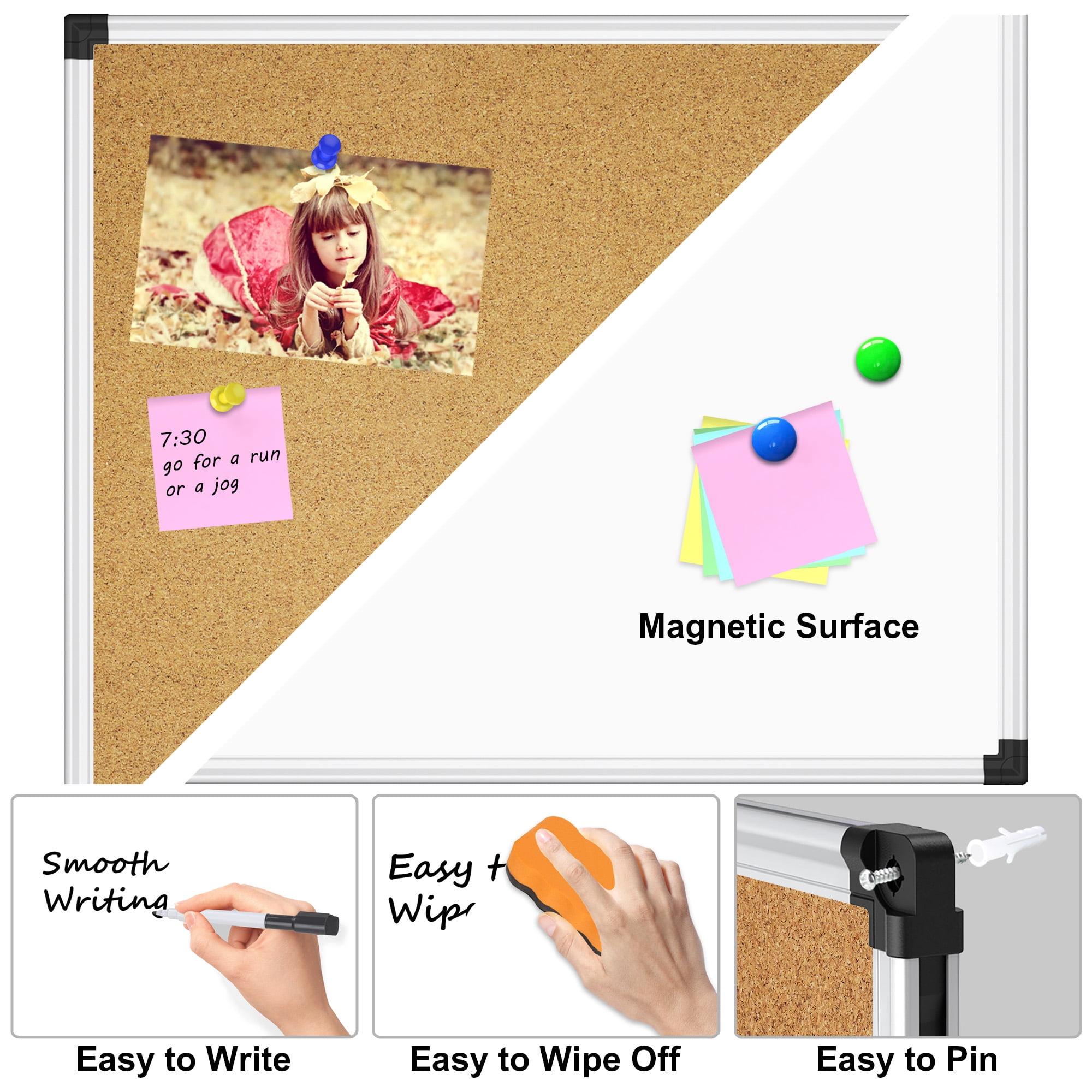 AGCAN White Board Dry Erase and Cork Board for Wall 35" x 23" Bulletin Magnetic Board Combo School Supplies