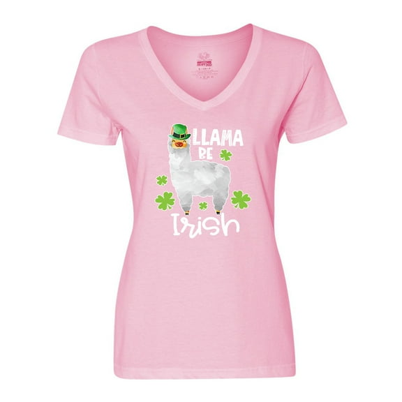Inktastic St. Patrick's Day Llama Be Irish with Green Shamrocks Women's V-Neck T-Shirt