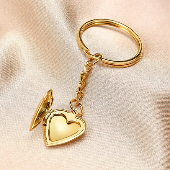MLINS Golden Heart Shaped Photo Box Keychain DIY Pendant for Decor Stainless Steel