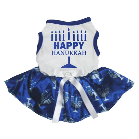Petitebelle Happy Hanukkah Puppy Dog Dress (White/Blue Candlestick, Small)