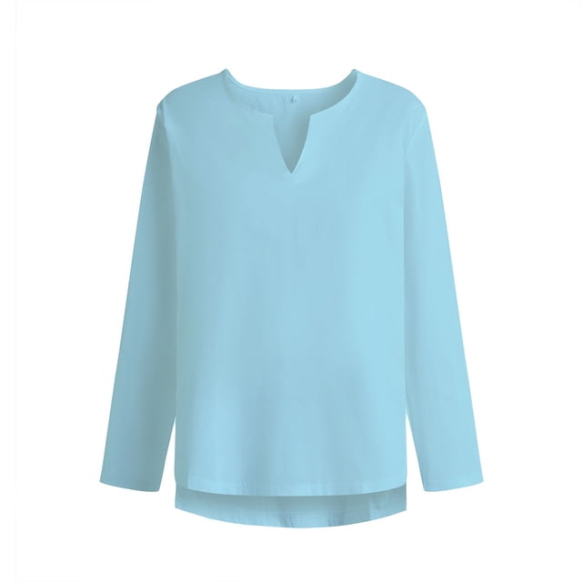 Yuyuzo Men Cotton Linen Shirts Pullover Notch V Neck Plus Size Fall Tops for Men Basic Solid Color Blouse