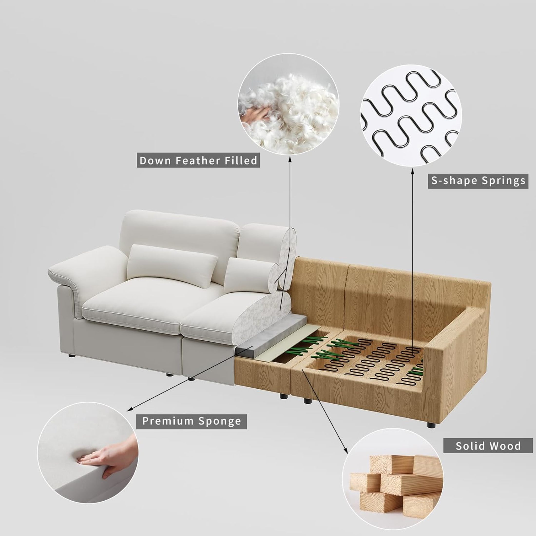 Noble House 115" Minimalist Sectional Sofa, Ottoman with Storage, Down-Filled Cushions, Chenille Fabric, White