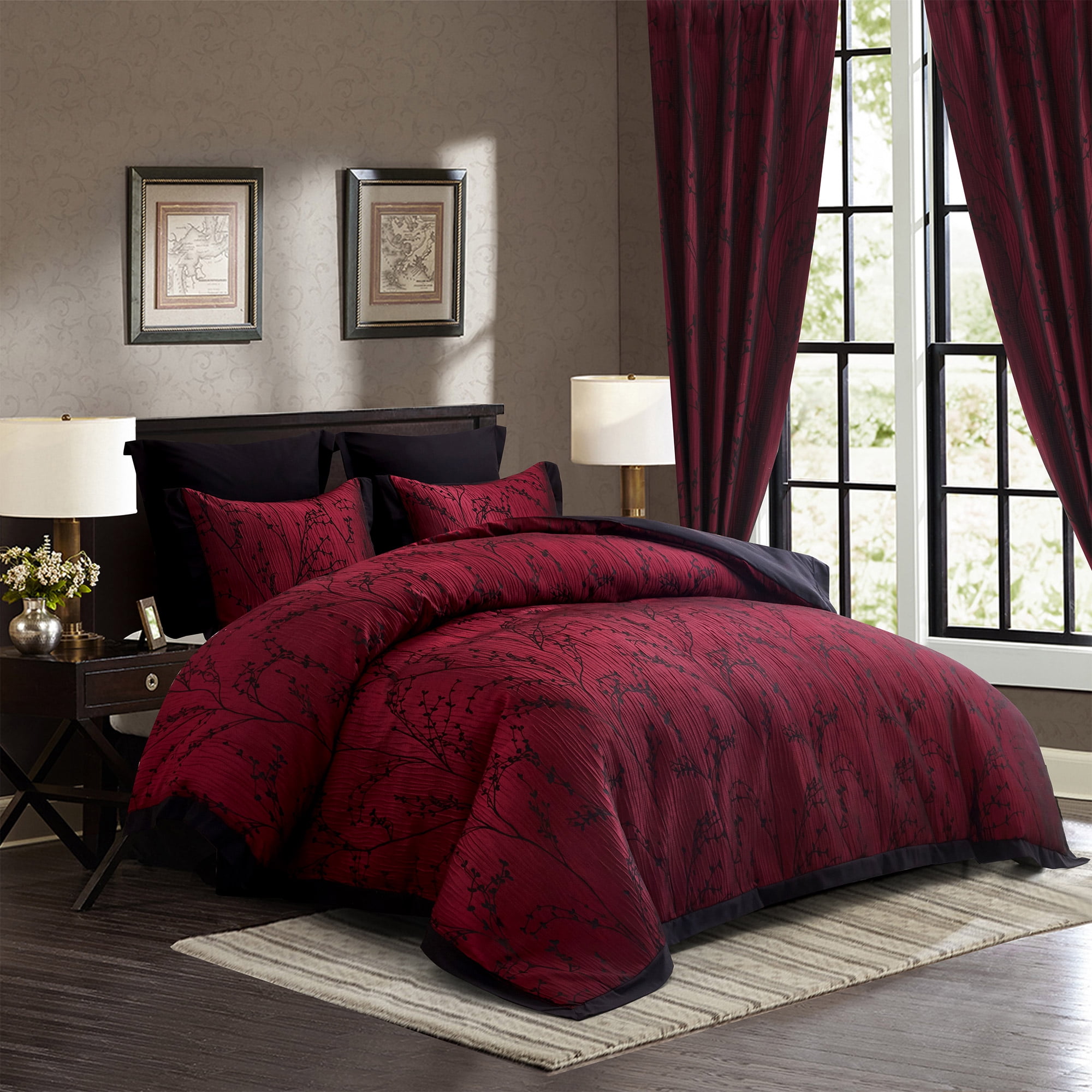 HIG Gray Jacquard Patchwork Comforter Set with Matching Curtains, Bed in a Bag Queen