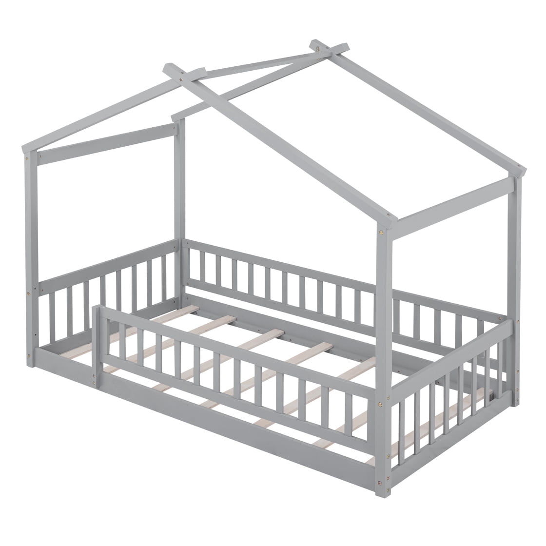 Twin Size House Floor Bed with Roof, Wooden Montessori Floor Bed Frame with Safety Fence and Wooden Slats, Montessori House Floor Bed for Boys and Girls, Gray