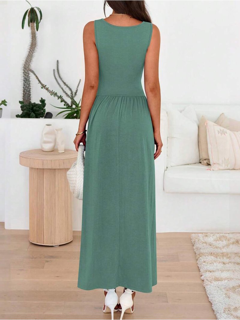 Grass Green Sleeveless Maxi Dress With Crew Neck, High Waist, Ruched Bodice, Flowy Skirt And Side Pockets