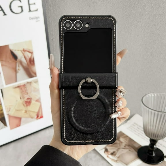 Dteck Magnetic Case for Samsung Galaxy Z Flip 7,Shockproof Leather   PC Hinge Protection Case Compatible with Mag Safe Ring Holder Stand Cover,Black