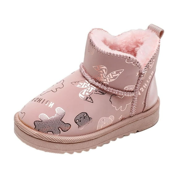 Owordtank Girls Fuzzy Lined Thick Warm Winter Short Boots Cute Bear Print Booties Cold Weather Going Out Snow Boots