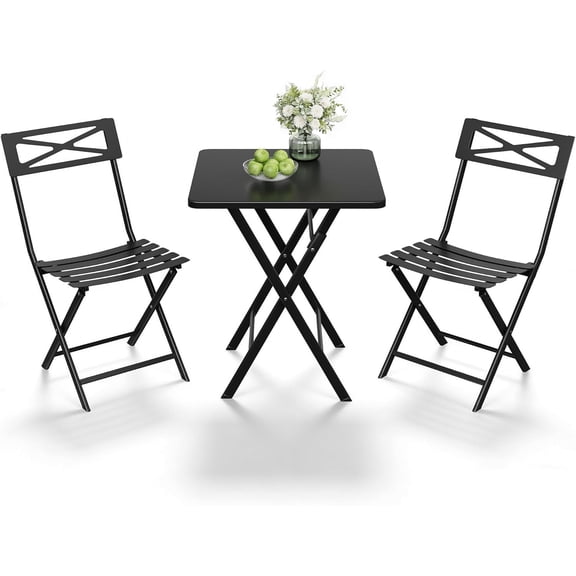 3-Piece Folding Patio Bistro Set, Steel Frame Outdoor Table and Chairs, Portable Balcony Set, Black