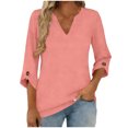 thumbnail image 4 of Mujeres 3/4 Manga de Verano Tops V Cuello Botonado Color Sólido Blusa, Camisetas Casuales de las Mujeres Suelto Ajuste Suave Respirable Primavera de Uso Diario, 4 of 9