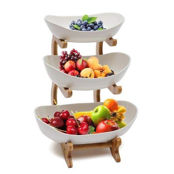 3-Tier Ceramic Fruit Plate with Bamboo Wooden Frame, Multi-Layer Storage Stand for Kitchen, Home, Party, or Wedding