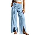 thumbnail image 6 of Bloomae Wide Leg Pants for Women Loose Flowy Palazzo Side Drawstring Pleated Elastic Waist Lounge Trousers Summer Beach Vacation High Slit Hem Pants with Pockets, 6 of 7