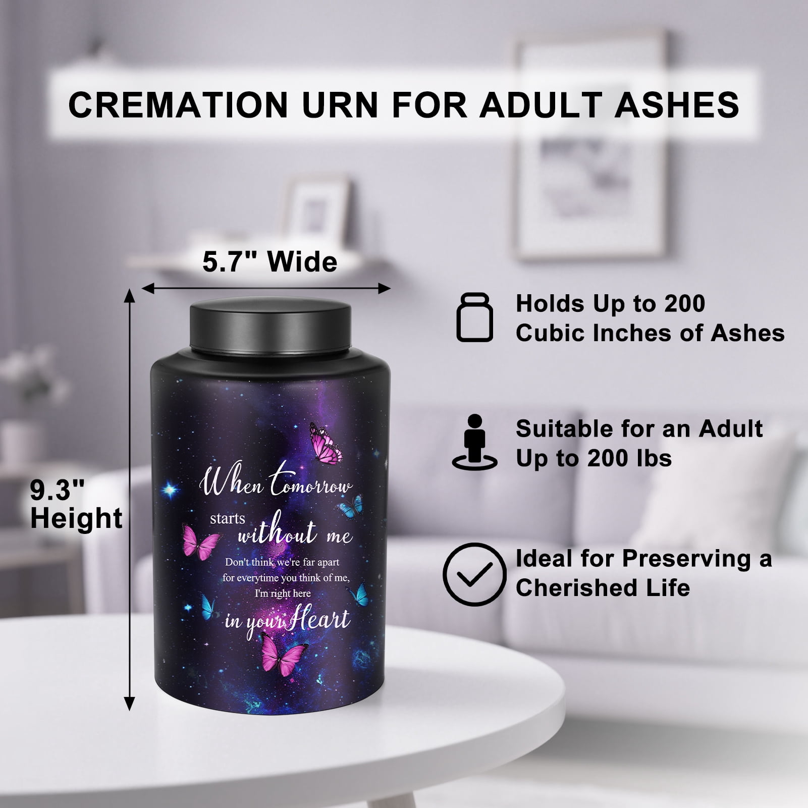 XIUDA 10 Inches Cremation Urns for Human Ashes Keepsakes Urns Purple Butterfly Urn for Human Ashes Decorative Urns for Adult Male Memorial Stainless Steel Funeral Burial Um - Up to 200 lbs
